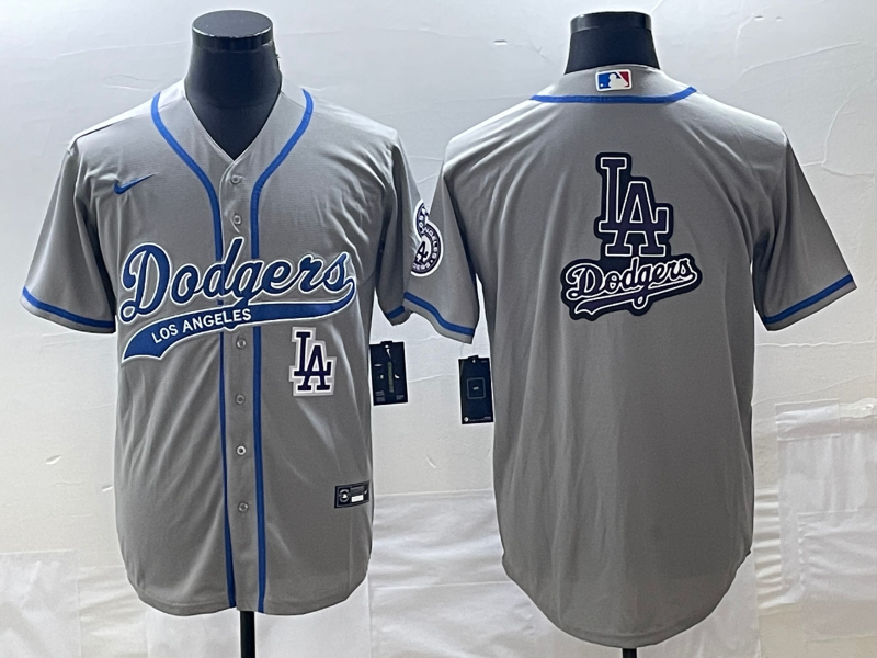 Men's Gray Los Angeles Dodgers Team Big Logo With Patch Cool Base Stitched Baseball Jersey
